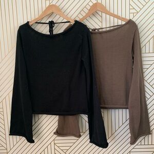 Lot of 2 Boho Bell‎ Sleeve rolled hem tie back back cut out sweaters bohemian L